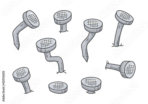 Metal old rust bent nail vector, cartoon gray pin icon. Carpentry concept isolated on white background. Abstract illustration