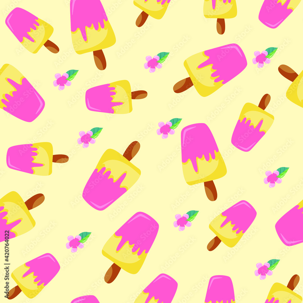 seamless pattern with yellow and pink ice cream and pink flowers with green leaves 