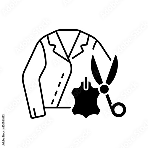 Leather and suede repair black linear icon. Damaged apparel. Tailor salon. Sewing custom jacket. Clothing alteration and repair services. Outline symbol on white space. Vector isolated illustration