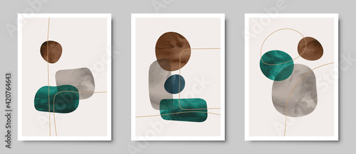 Set of trendy contemporary abstract creative  hand painted compositions for wall decoration, postcard or brochure cover design in vintage style art.   EPS10 vector.