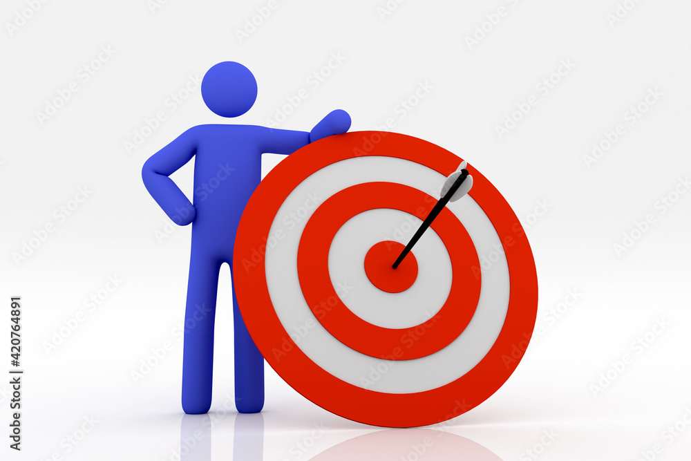 3D character presenting center of red target with an arrow over white background. Success. 3D character presenting center of red target with an arrow over white background. Success.