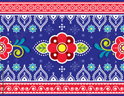 	
Indian and Pakistani truck art vector seamless pattern design with flowers and geometric shapes - long horizontal ornament
