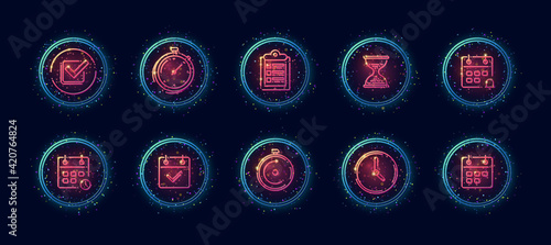 10 in 1 vector icons set related to time management theme. Lineart vector icons in geometric neon glow style