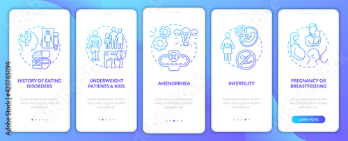Intermittent fasting precaution blue onboarding mobile app page screen with concepts. Diet and health walkthrough 5 steps graphic instructions. UI vector template with RGB color illustrations