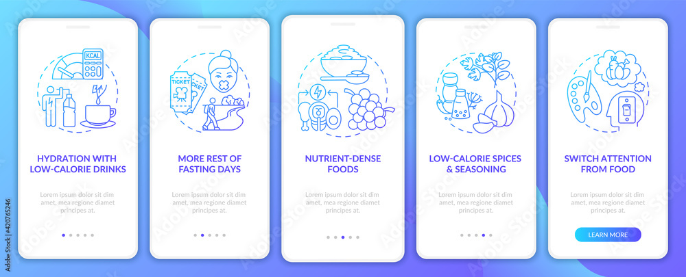 Intermittent fasting tips blue onboarding mobile app page screen with concepts. Nutrient dense food. Diet walkthrough 5 steps graphic instructions. UI vector template with RGB color illustrations