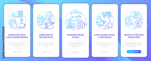 Intermittent fasting tips blue onboarding mobile app page screen with concepts. Nutrient dense food. Diet walkthrough 5 steps graphic instructions. UI vector template with RGB color illustrations