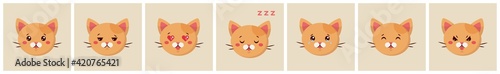 Set of emoji ginger cats on light backgound. Emotion face of calm, scepsis, love, sleep,cry, confusion, angry. Vector illustration in kawaii flat style for web and print.