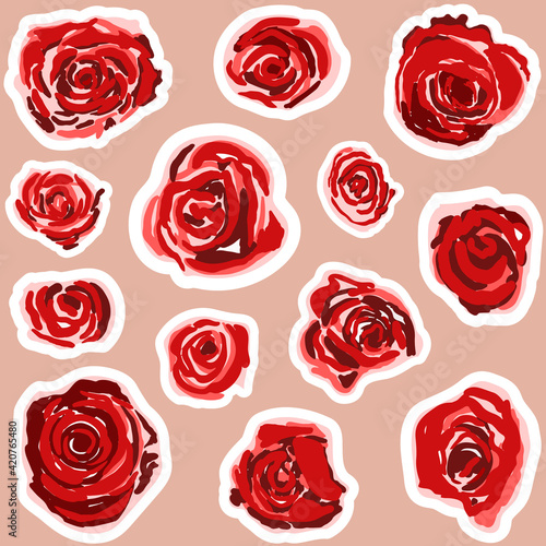 Cute stickers with red roses. Vector illustration  for holidays and congratulations