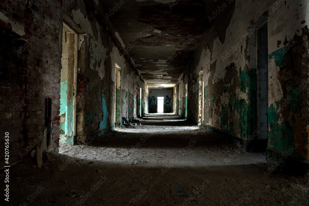 abandoned creepy corridor in szentkiralyszabadja Hungary