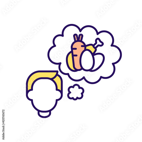 Thinking of food RGB color icon. Hungry person. Thought of eating. Dieting issues. Intermittent fasting. Unhealthy habit. Spontaneous meal. Vegetables to eat. Isolated vector illustration