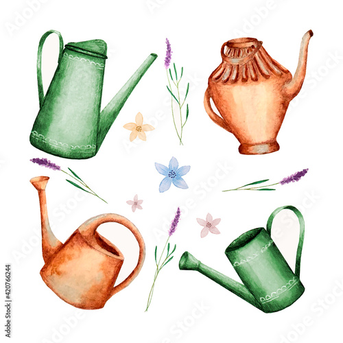 Set of garden watering can watercolor, lavender flowers, hand drawing, background. Spring gardener set. Vector illustration