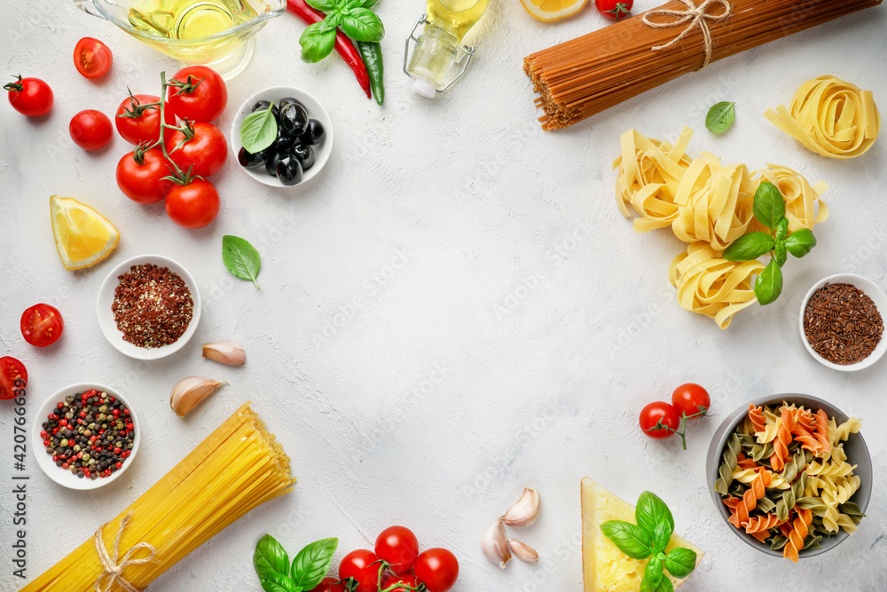 Italian pasta recipe, raw ingredients. Top view Italian pasta recipe, raw ingredients. Top view