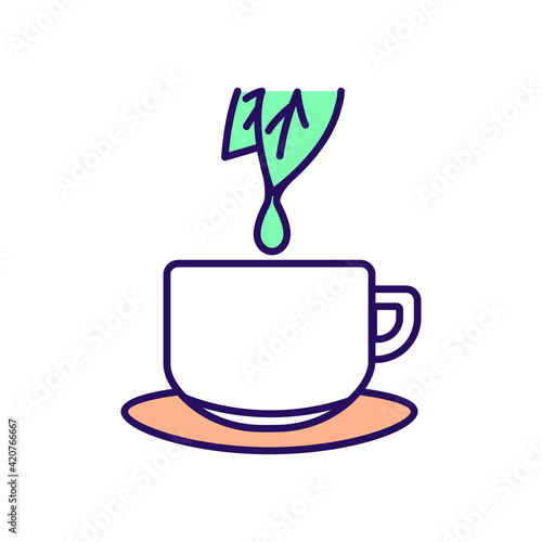 Green tea RGB color icon. Herbal leaf drink. Low calorie fluids for dieting. Peppermint tea in cup. Intermittent fasting method. Nutrition and nourishment. Isolated vector illustration