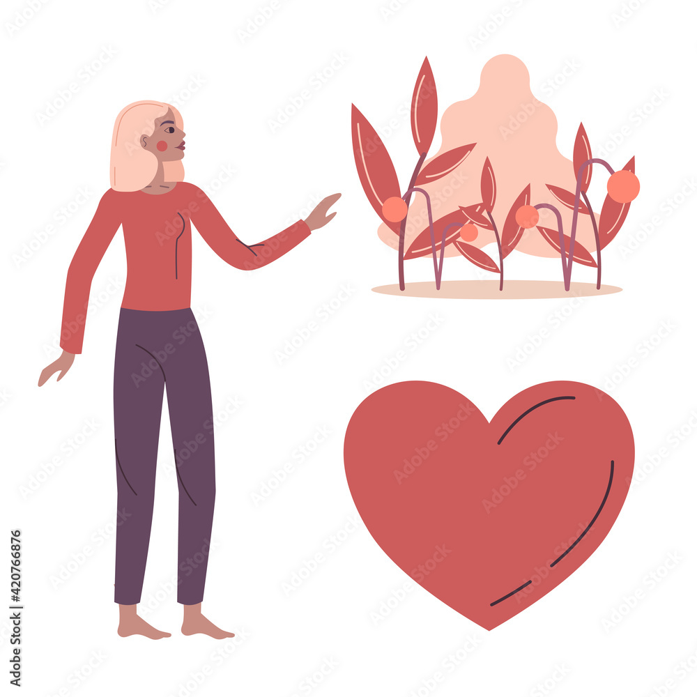 Obraz premium The concept of mental health. A happy woman with a heart and flowers. A girl without psychological problems. Vector illustration in a flat linear style
