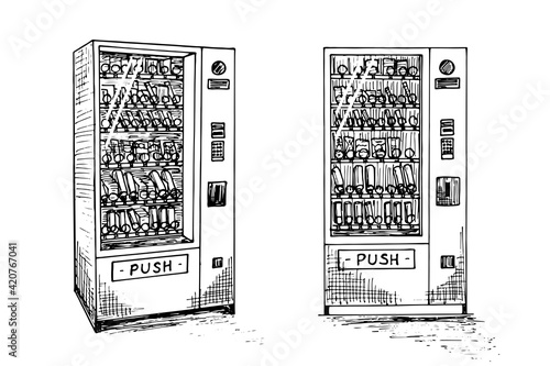 Vending machine set with beverage bottles and cans hand drawn sketch. Automatic snack and drink sale machinery isometric and front view. Black and white vector isolated illustration