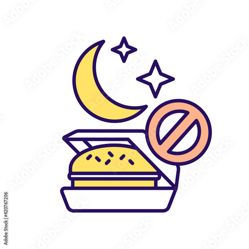 No junk food RGB color icon. Restriction for late night meal. Eating control. Dieting strategy. Weight loss plan. Danger of obesity. Cholesterol intake. Isolated vector illustration
