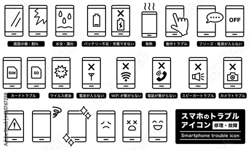 スマホのトラブル・修理・故障アイコン　線画　　 smartphone malfunction trouble icon