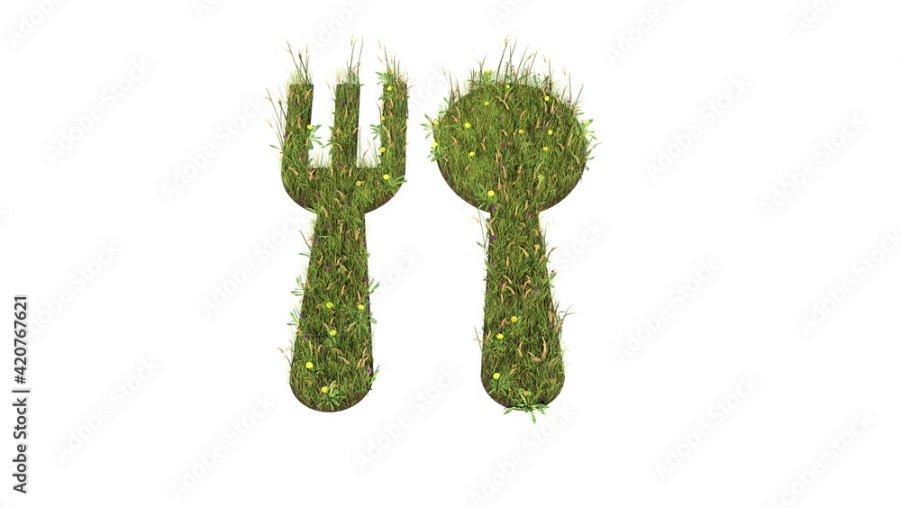 3d rendered grass field of symbol of cutlery isolated on white background 3d rendered grass field of symbol of cutlery isolated on white background