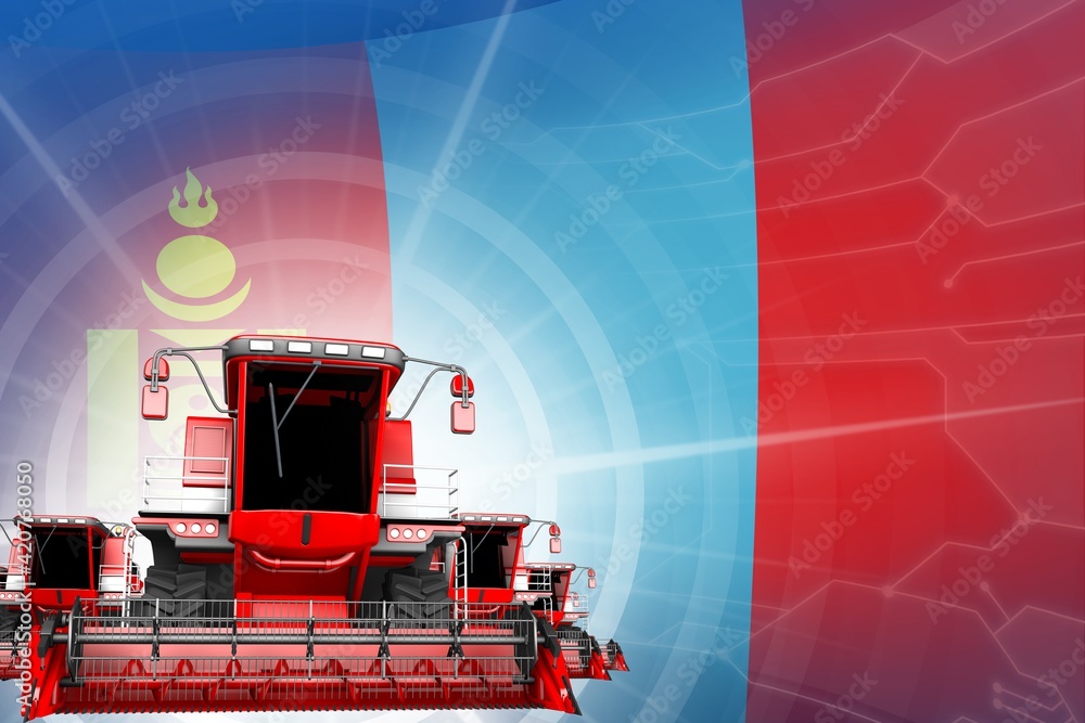 Digital industrial 3D illustration of red modern wheat combine harvesters on Mongolia flag, farming equipment modernisation concept
