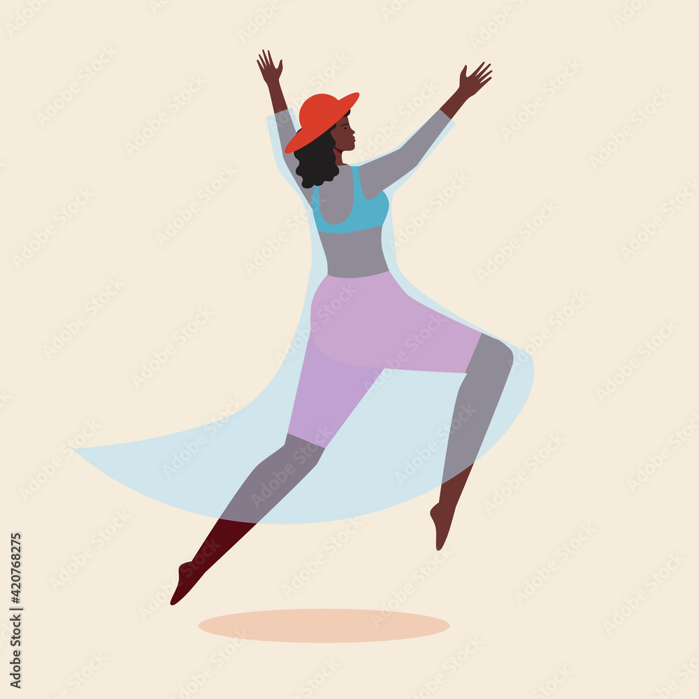 Afro woman jumping isolated, flat vector stock illustration with beautiful happy woman, black skin