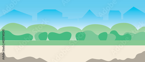 Green empty park  flat vector illustration with nature no people sky  trees  lawn with copy space
