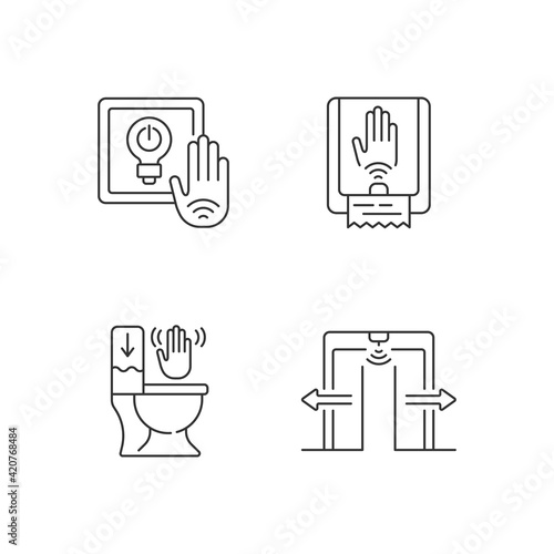 Contactless technology linear icons set. No touch light switch in public places. Automatic doors. Customizable thin line contour symbols. Isolated vector outline illustrations. Editable stroke