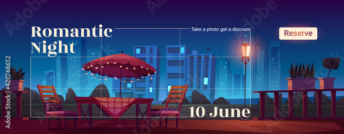 Romantic night cartoon web banner with cafe patio