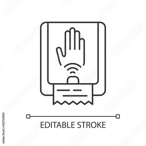 Touchless towel dispenser linear icon. Automatic device with motion sensor which dispense towel. Thin line customizable illustration. Contour symbol. Vector isolated outline drawing. Editable stroke
