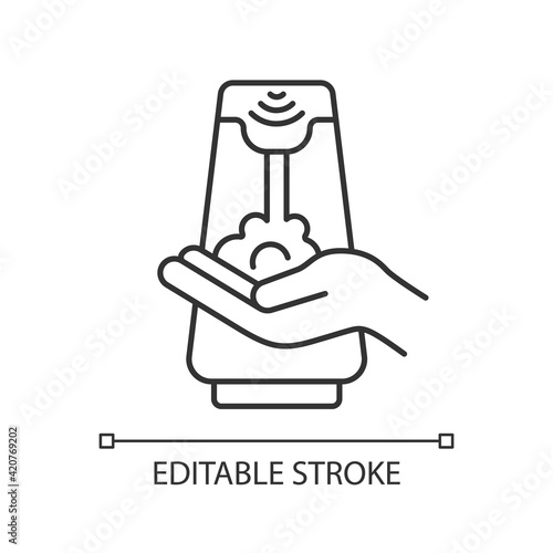 Touchless soap dispenser linear icon. Smart device that allow to use them without touching. Thin line customizable illustration. Contour symbol. Vector isolated outline drawing. Editable stroke
