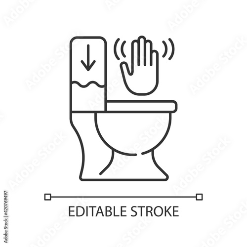 Touchless toilet flush linear icon. Advanced flushing systems that do not require contact. Thin line customizable illustration. Contour symbol. Vector isolated outline drawing. Editable stroke