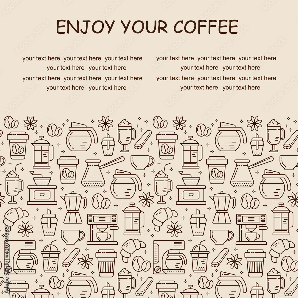 Seamless coffee pattern with line style icons. Coffee shop or cafe background, flyer, label, banner. Cafe menu.	
