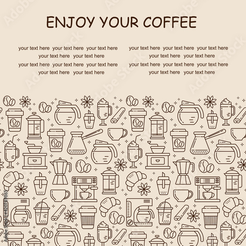 Seamless coffee pattern with line style icons. Coffee shop or cafe background, flyer, label, banner. Cafe menu.	
