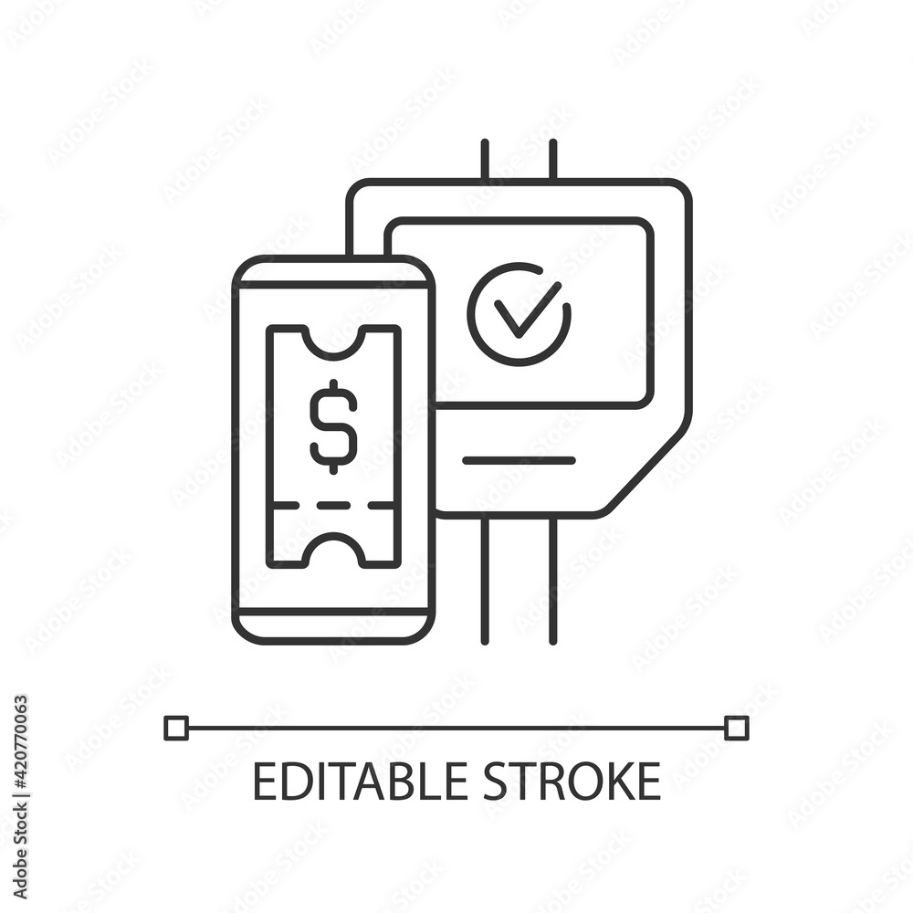 Contactless ticketing in public transport linear icon. Not required contact with payment device. Thin line customizable illustration. Contour symbol. Vector isolated outline drawing. Editable stroke Contactless ticketing in public transport linear icon. Not required contact with payment device. Thin line customizable illustration. Contour symbol. Vector isolated outline drawing. Editable stroke