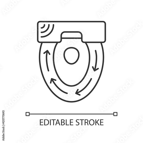 Automatic toilet seat cover linear icon. Sanitary seat to sit on every time people use toilet. Thin line customizable illustration. Contour symbol. Vector isolated outline drawing. Editable stroke