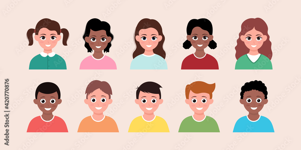 Set of children cartoon. collection of smiling faces of boys and girls.Vector illustration. Set of children cartoon. collection of smiling faces of boys and girls.Vector illustration.