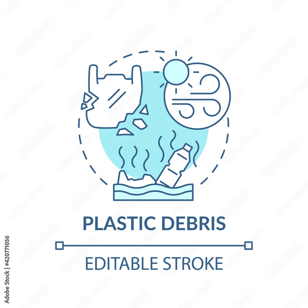Plastic debris concept icon. Planet saving idea thin line illustration. Global warming. Nature contamination with toxic pollutants. Vector isolated outline RGB color drawing. Editable stroke