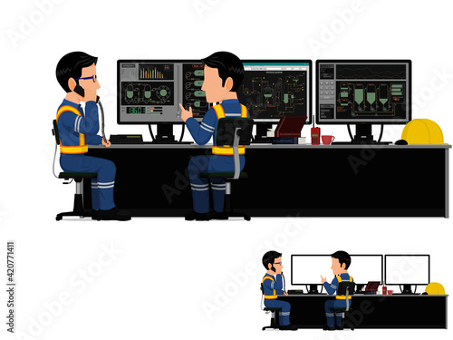 Two workers are working in control room