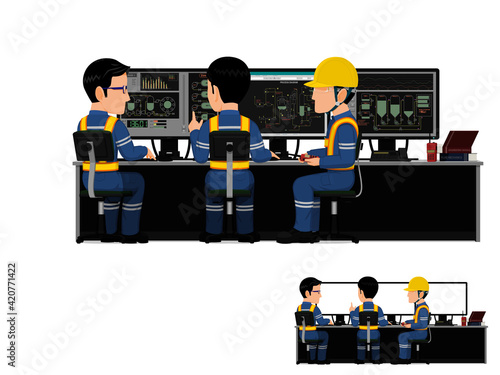 Three workers are working in control room