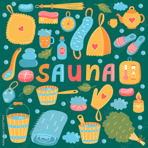 Sauna russian banya colorful vector icons set 