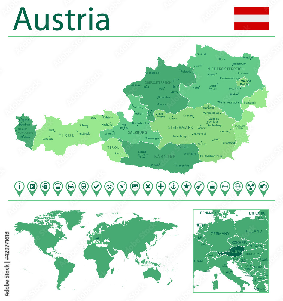 Obraz premium Austria detailed map and flag. Austria on world map.