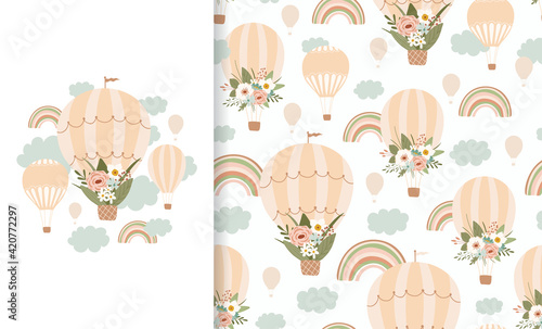 Set cute illustration and seamless pattern with rainbow, flower, air balloon. Collection in hand drawn style in pastel colors for kids clothing, textiles, children's room design. Vector