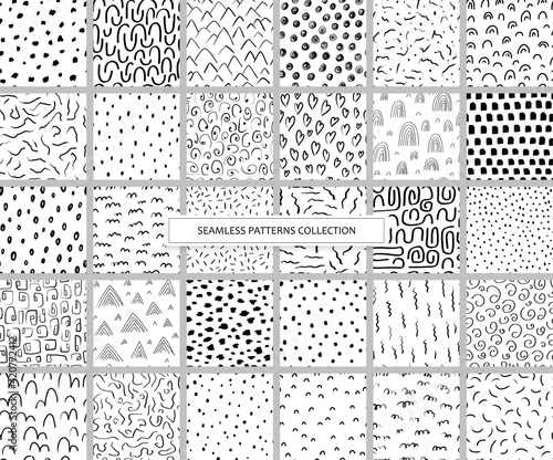 Collection seamless patterns with variety abstract shapes. Backgrounds with ink and marker in hand drawn style. Illustrations with dots, lines, stripes, and strokes in the Scandinavian style. Vector