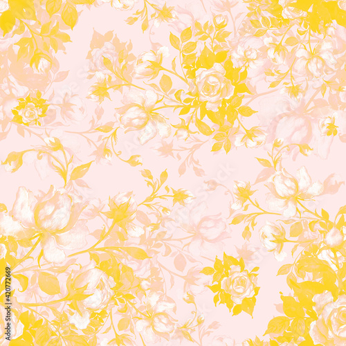 Abstract seamless pattern of drawn stylized flowers