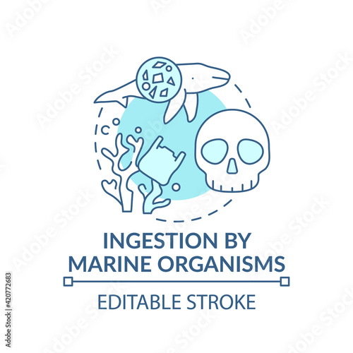 Ingestion by marine organisms concept icon. Microplastics effects idea thin line illustration. Harmful pollution. Vector isolated outline RGB color drawing. Editable stroke
