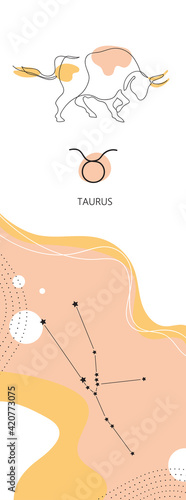 Zodiac background. Taurus constellation. Earth element. One line. Minimalistic graphics.
