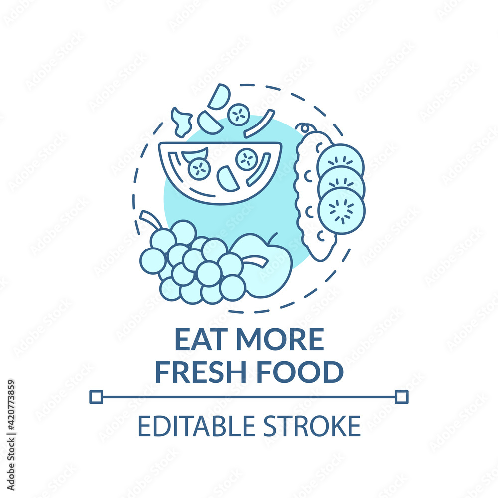 Eat more fresh food concept icon. Avoiding microplastics tips idea thin line illustration. Healthy lifestyle. Vegetables and fruits. Vector isolated outline RGB color drawing. Editable stroke Eat more fresh food concept icon. Avoiding microplastics tips idea thin line illustration. Healthy lifestyle. Vegetables and fruits. Vector isolated outline RGB color drawing. Editable stroke
