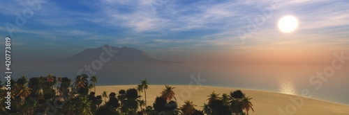 Beach with Mexican palm trees at sunset, ocean sunrise over the beach with palm trees, 3D rendering