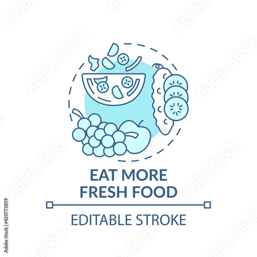 Eat more fresh food concept icon. Avoiding microplastics tips idea thin line illustration. Healthy lifestyle. Vegetables and fruits. Vector isolated outline RGB color drawing. Editable stroke