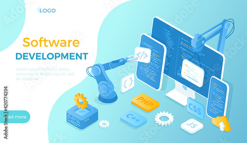 Software Development.  Programming, engineering, coding.  Testing and bug fixing. Creating new applications, programs, frameworks. Isometric vector illustration for website.