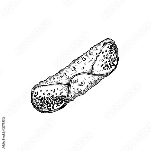 Hand drawn sketch style Italian dessert cannoli. Top view. Fried sweet pastry and ricotta cheese cream. Chocolate crispies decorated. Traditional Italian and Sicilian sweets. Vector illustration.